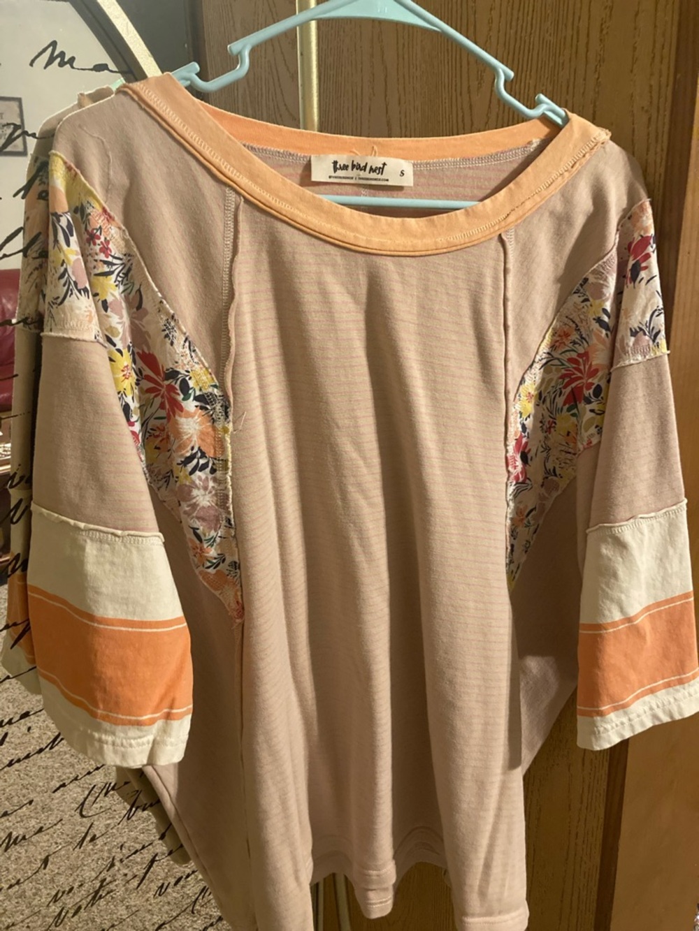 Three Bird Nest Women's Peach Floral/Striped Panel Top